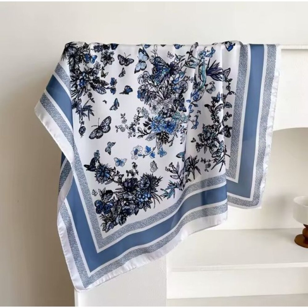 ✨Soft Versatile Elegant Women Square Floral Silky Scarf Butterflies Blue White✨